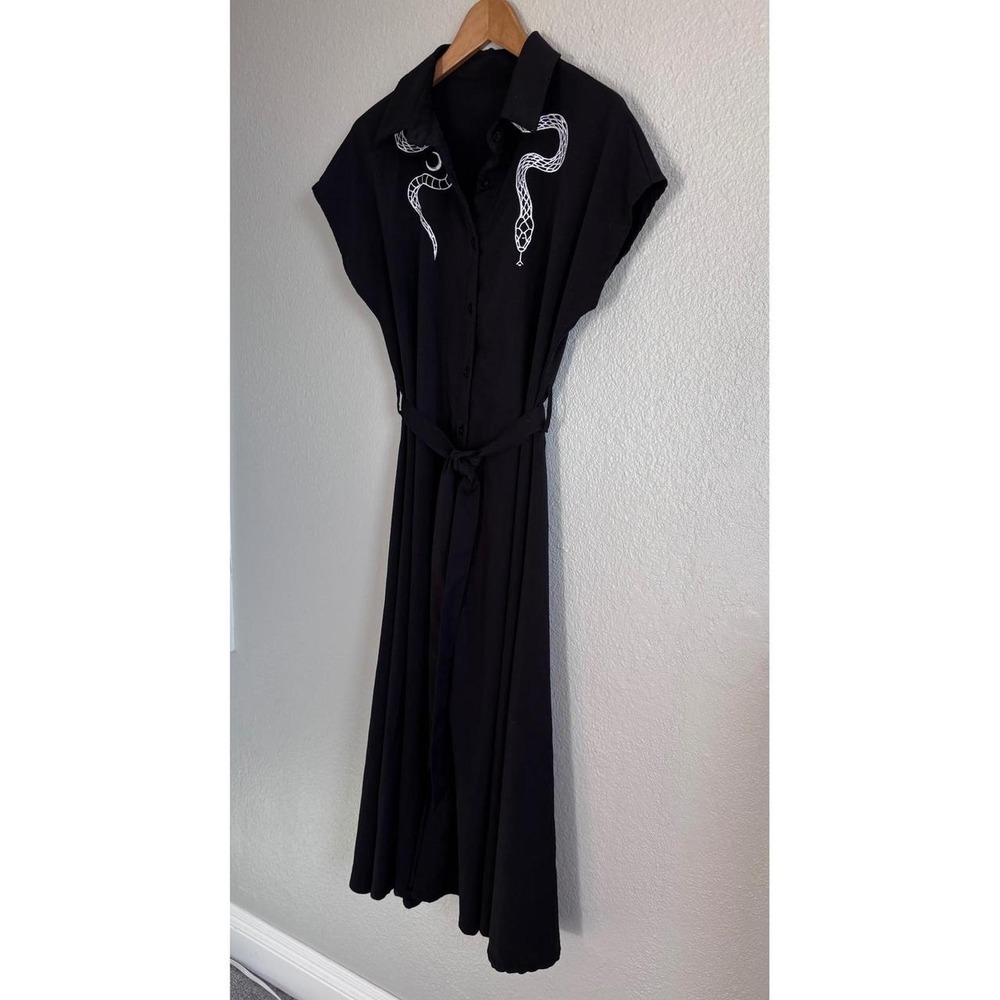 Gothic Snake Embroidered Button Front Belted Midi Shirt Dress L Black Whimsigoth - Picture 9 of 12